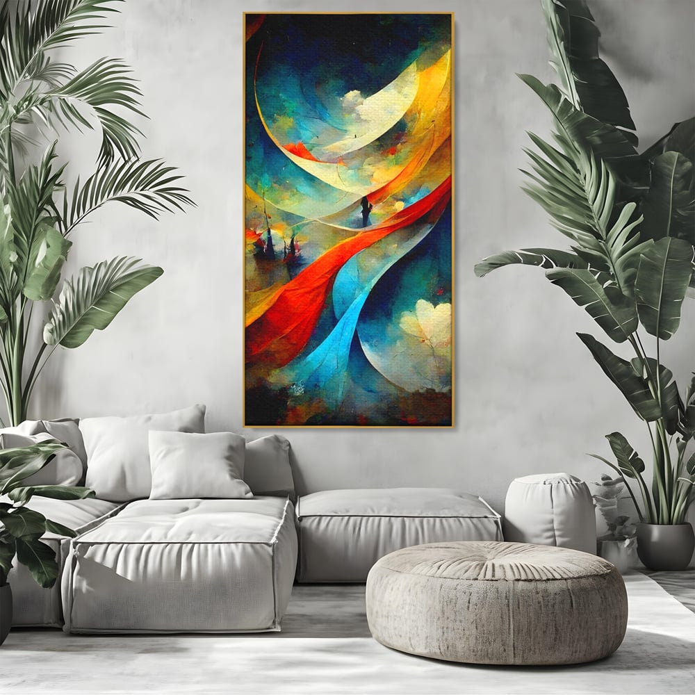 Tablou canvas cu pictura abstracta cu valuri colorate, in rama de aluminiu auriu, pe perete intr-un living